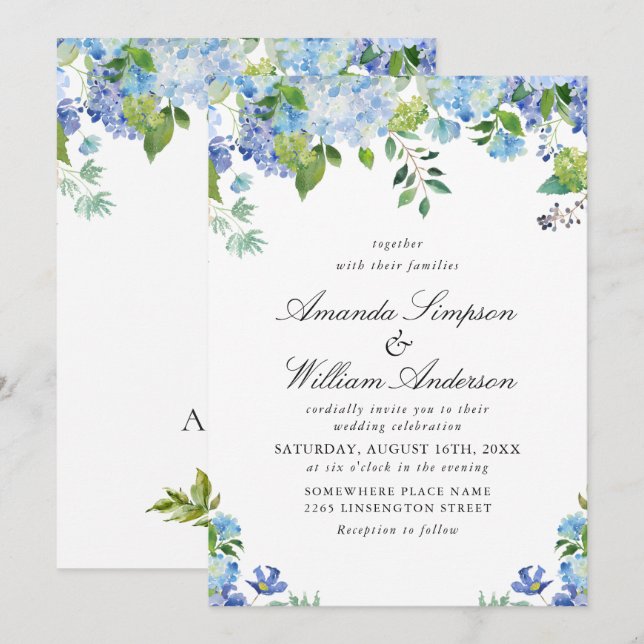 Elegant Watercolor Blue Hydrangea Floral Wedding Invitation (Front/Back)