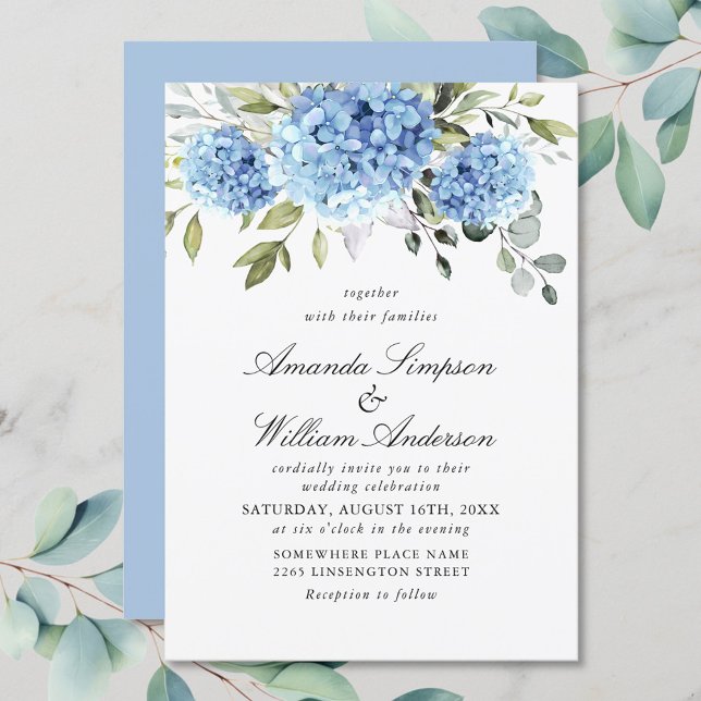 Elegant Watercolor Blue Hydrangea Floral Wedding Invitation (Creator Uploaded)