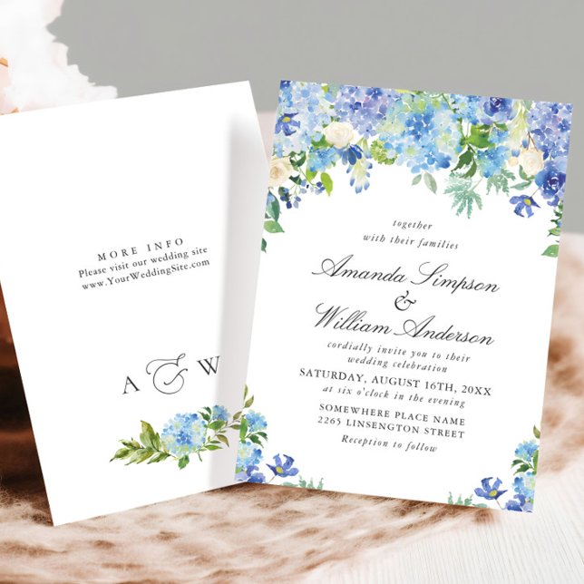 Elegant Watercolor Blue Hydrangea Floral Wedding Invitation (Creator Uploaded)