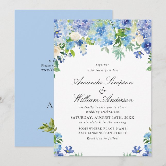 Elegant Watercolor Blue Hydrangea Floral Wedding Invitation (Front/Back)