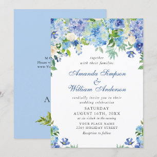 Elegant Watercolor Blue Hydrangea Floral Wedding Invitation