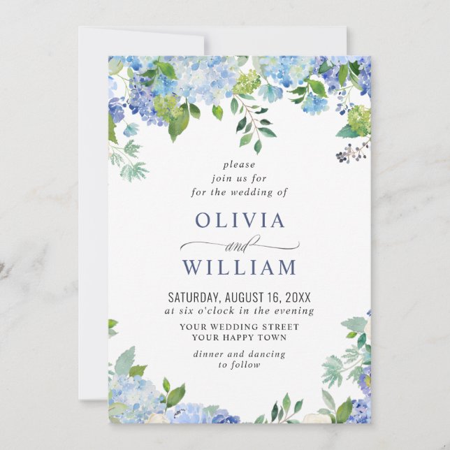 Elegant Watercolor Blue Hydrangea Floral Wedding Invitation (Front)