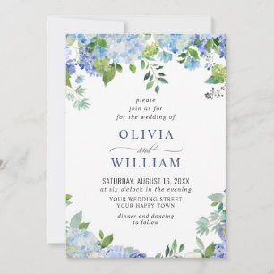 Elegant Watercolor Blue Hydrangea Floral Wedding Invitation
