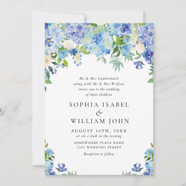 Elegant Watercolor Blue Hydrangea Floral Wedding Invitation (Front)
