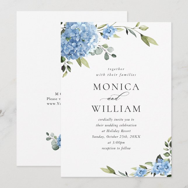 Elegant Watercolor Blue Hydrangea Floral Wedding Invitation (Front/Back)