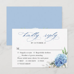 Elegant Watercolor Blue Hydrangea Floral Wedding RSVP Card