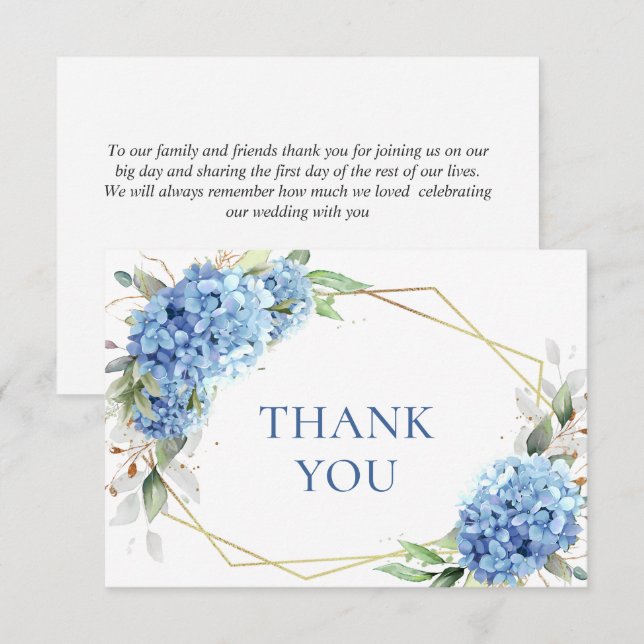 Elegant Watercolor Blue Hydrangea  Flowers Simple  Thank You Card (Front/Back)