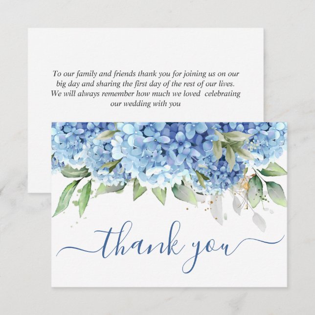 Elegant Watercolor Blue Hydrangea Flowers Simple  Thank You Card (Front/Back)