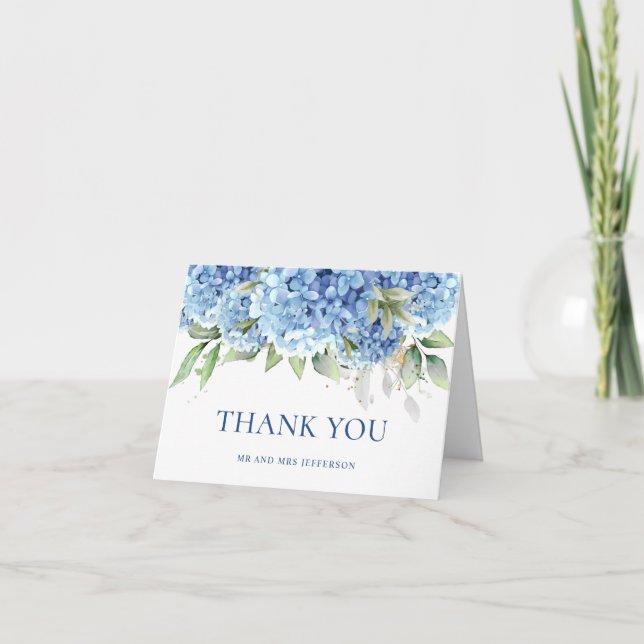 Elegant Watercolor Blue Hydrangea Flowers Simple Thank You Card (Front)