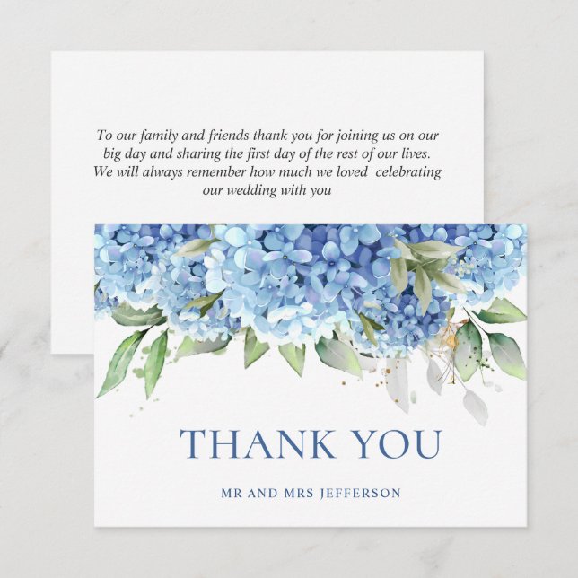Elegant Watercolor Blue Hydrangea Flowers Simple  Thank You Card (Front/Back)