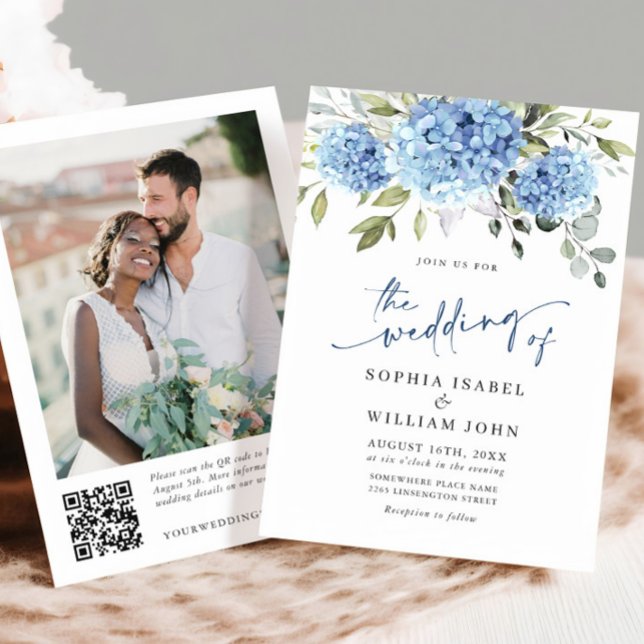 Elegant Watercolor Blue Hydrangea Photo QR Wedding Invitation (Creator Uploaded)