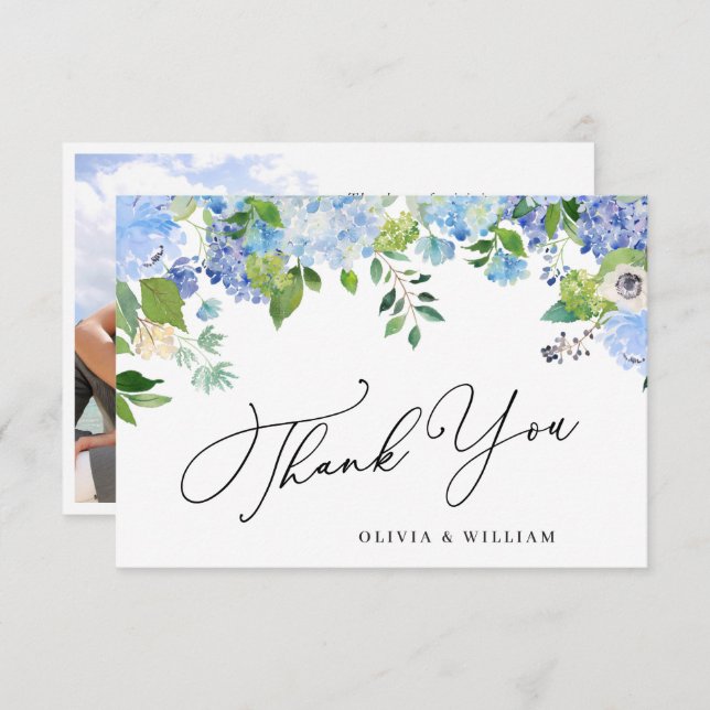 Elegant Watercolor Blue Hydrangea Photo Thank You Card (Front/Back)