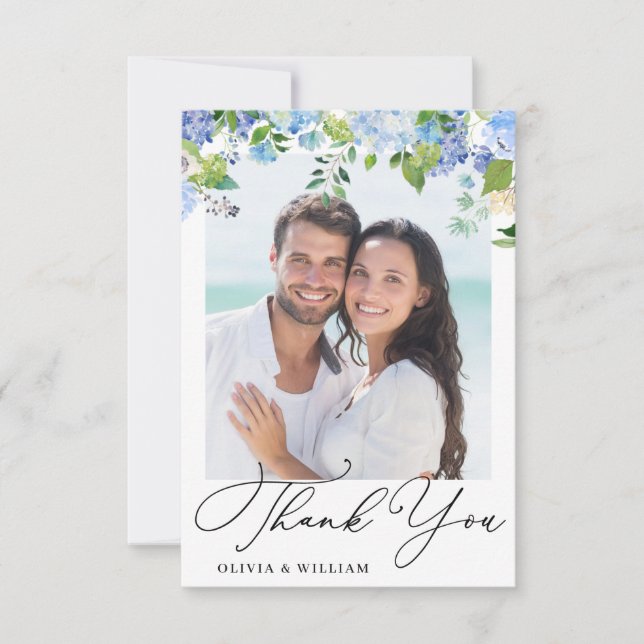 Elegant Watercolor Blue Hydrangea Photo Thank You Card (Front)