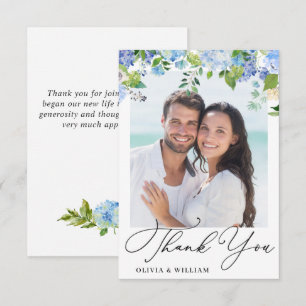 Elegant Watercolor Blue Hydrangea Photo Thank You Card