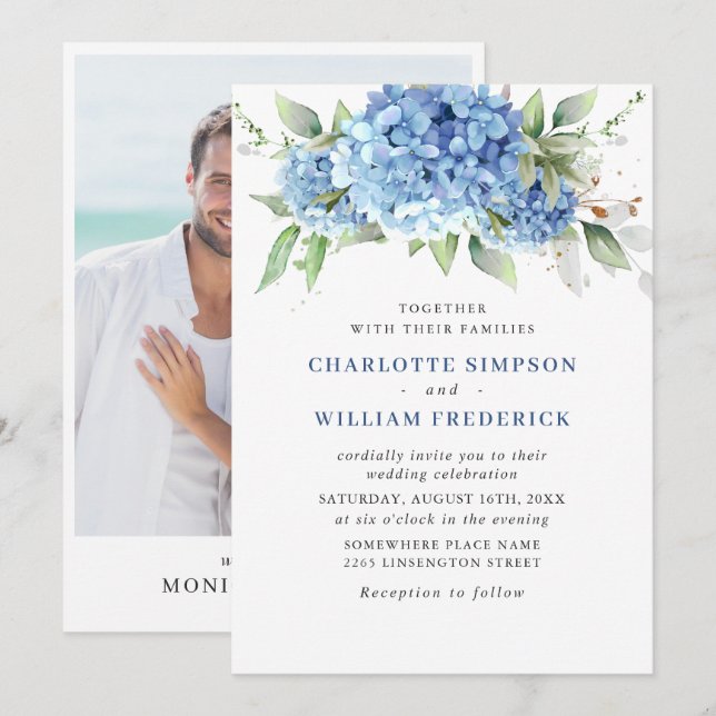 Elegant Watercolor Blue Hydrangea Photo Wedding Invitation (Front/Back)