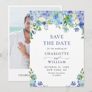 Elegant Watercolor Blue Hydrangea PHOTO Wedding Save The Date