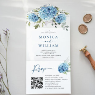 Elegant Watercolor Blue Hydrangea QR code Wedding All In One Invitation