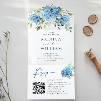 Elegant Watercolor Blue Hydrangea QR code Wedding All In One Invitation