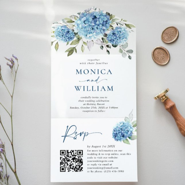 Elegant Watercolor Blue Hydrangea QR code Wedding All In One Invitation (Creator Uploaded)