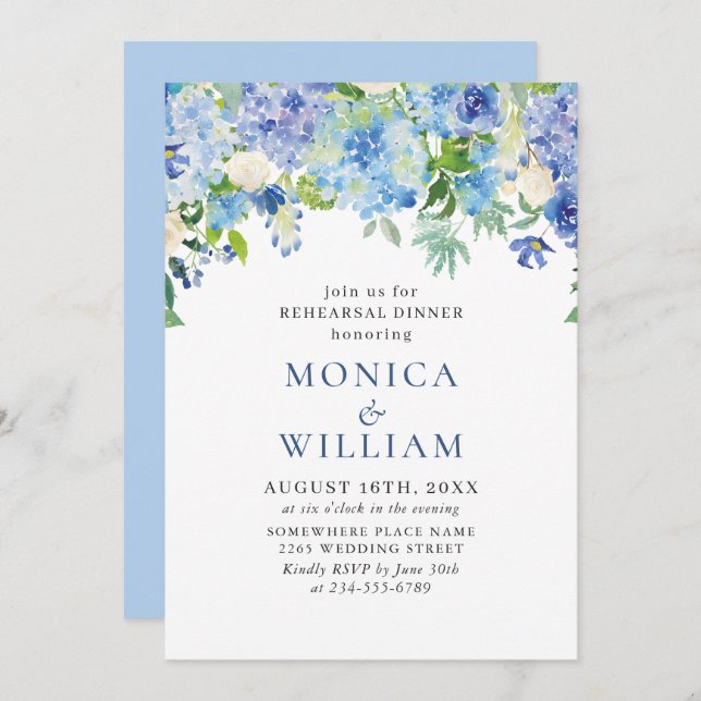Elegant Watercolor Blue Hydrangea Rehearsal Dinner Invitation (Front/Back)