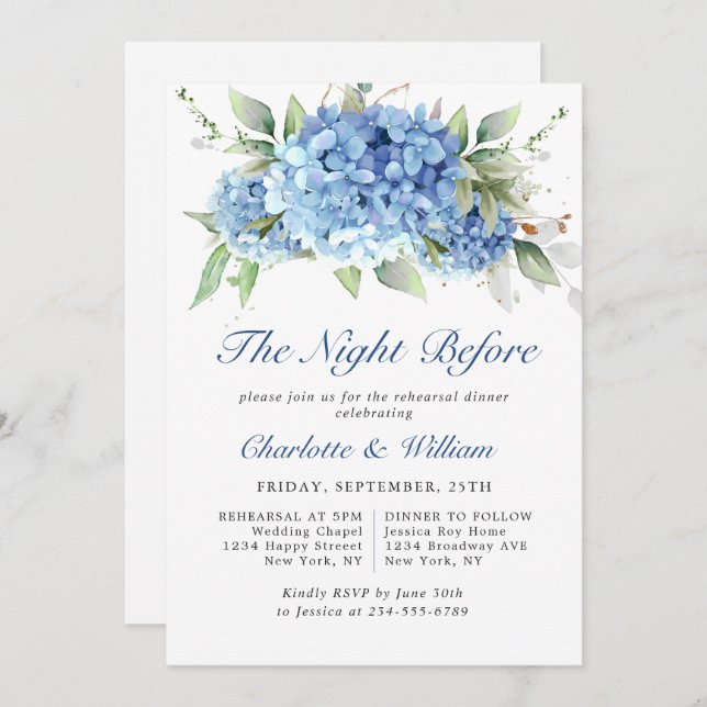 Elegant Watercolor Blue Hydrangea Rehearsal Dinner Invitation (Front/Back)