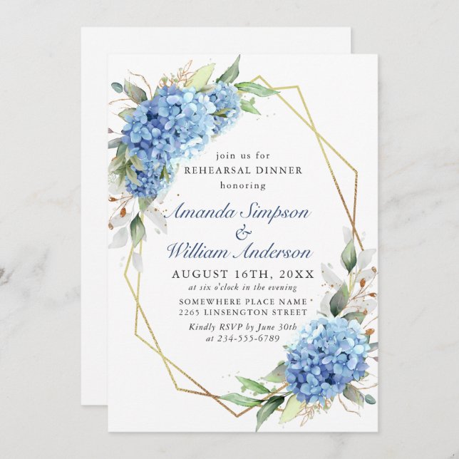 Elegant Watercolor Blue Hydrangea Rehearsal Dinner Invitation (Front/Back)