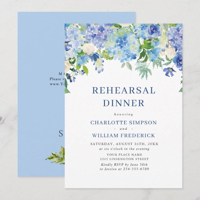 Elegant Watercolor Blue Hydrangea Rehearsal Dinner Invitation (Front/Back)