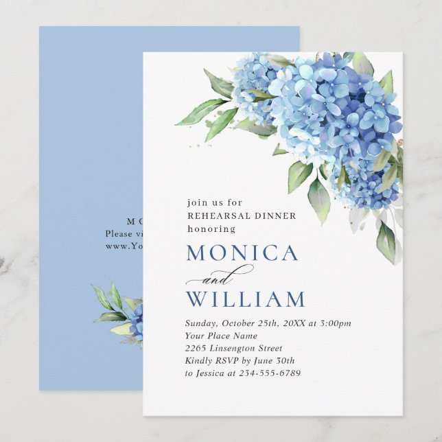 Elegant Watercolor Blue Hydrangea REHEARSAL DINNER Invitation (Front/Back)