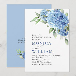 Elegant Watercolor Blue Hydrangea REHEARSAL DINNER Invitation