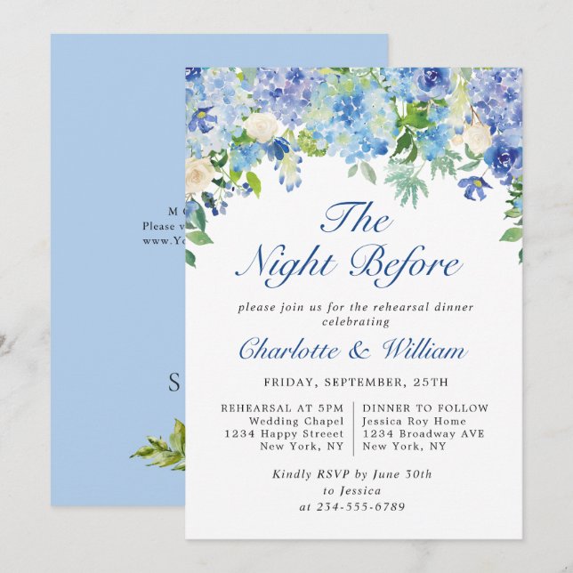 Elegant Watercolor Blue Hydrangea Rehearsal Dinner Invitation (Front/Back)