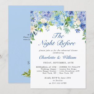 Elegant Watercolor Blue Hydrangea Rehearsal Dinner Invitation