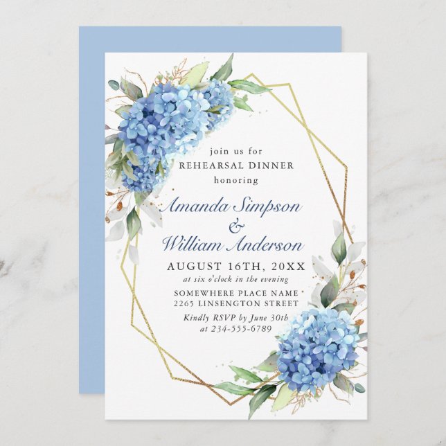 Elegant Watercolor Blue Hydrangea Rehearsal Dinner Invitation (Front/Back)