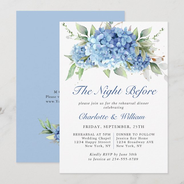 Elegant Watercolor Blue Hydrangea Rehearsal Dinner Invitation (Front/Back)