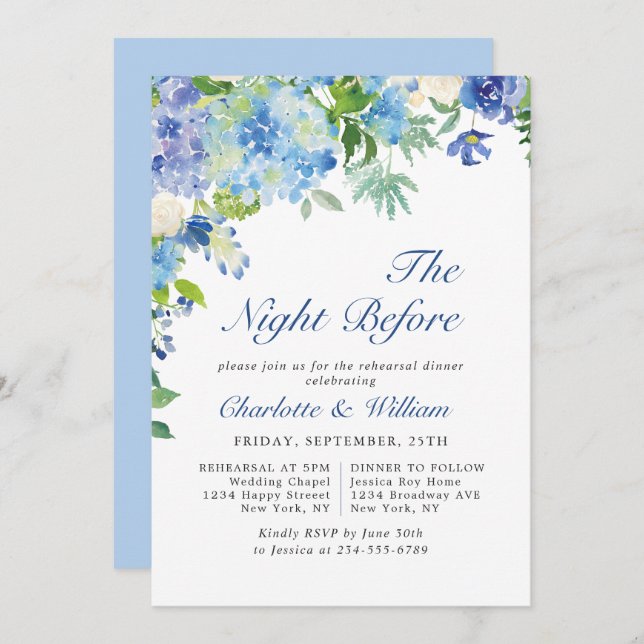 Elegant Watercolor Blue Hydrangea Rehearsal Dinner Invitation (Front/Back)