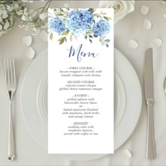 Elegant Watercolor Blue Hydrangea Wedding Menu