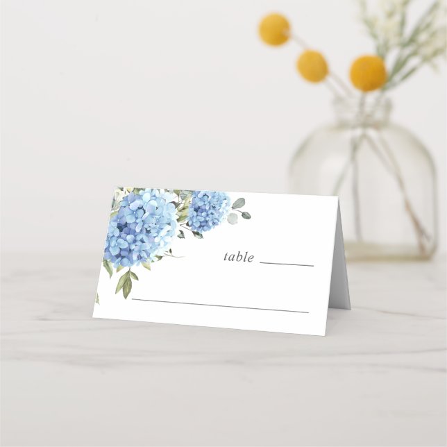 Elegant Watercolor Blue Hydrangea Wedding Place Card (Front)