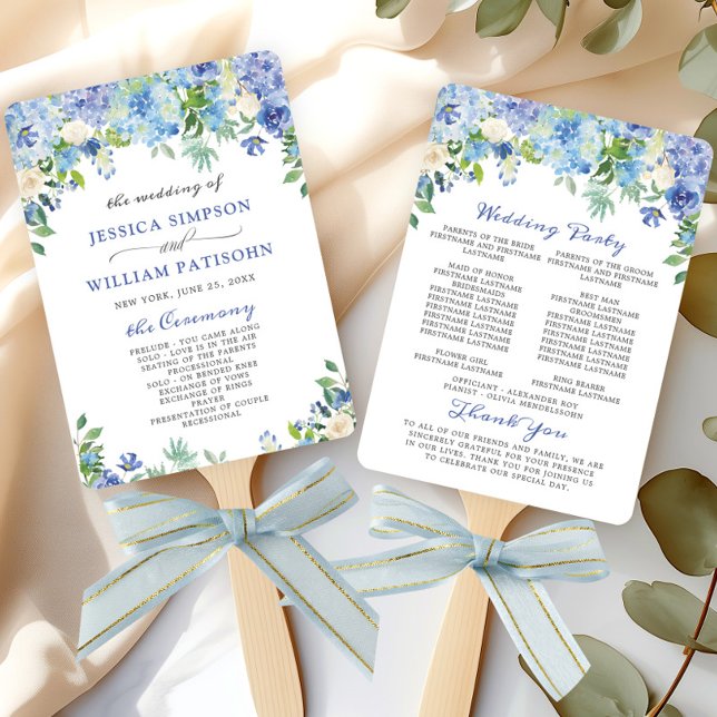 Elegant Watercolor Blue Hydrangea Wedding Program Hand Fan (Creator Uploaded)