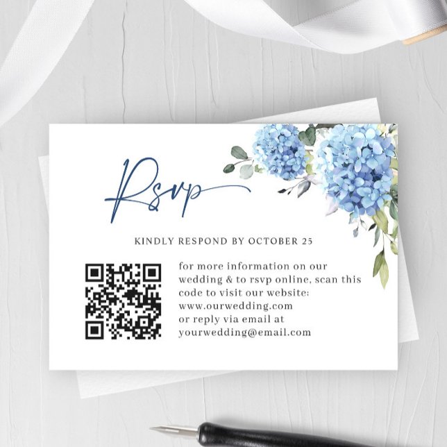 Elegant Watercolor Blue Hydrangea Wedding QR code RSVP Card (Creator Uploaded)