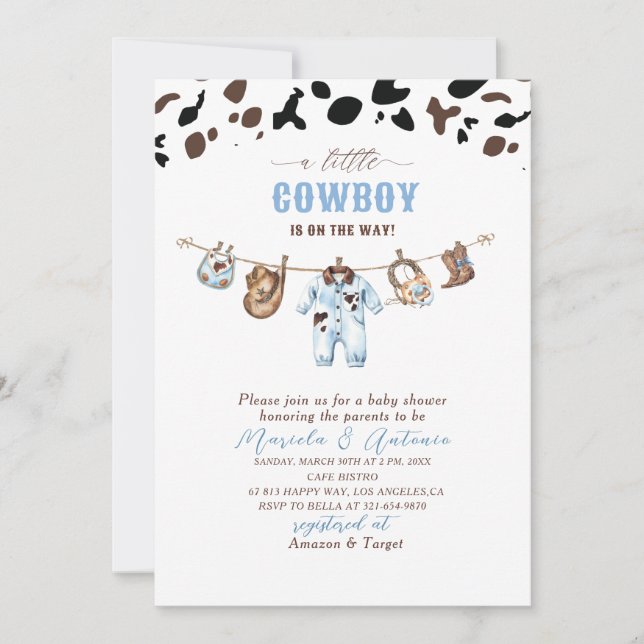 Elegant  Watercolor Blue Little Cowboy Baby Shower Invitation (Front)