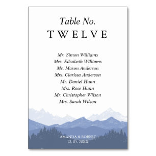 Elegant Watercolor Blue Mountains Guest Names Table Number