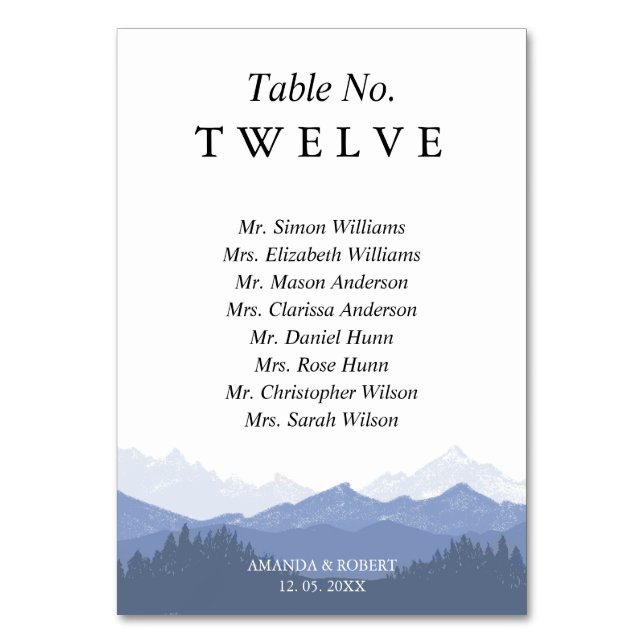 Elegant Watercolor Blue Mountains Guest Names Table Number (Front)