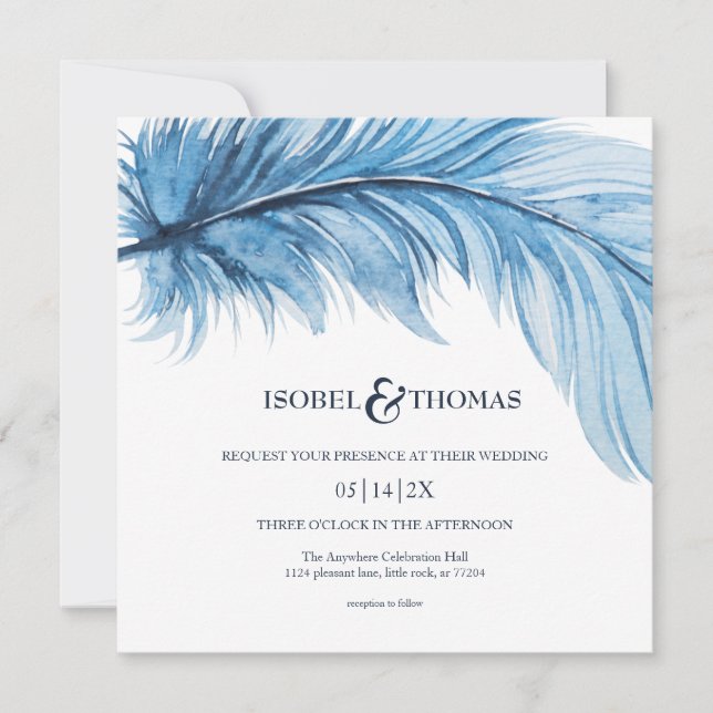 Elegant Watercolor Blue Navy Feather Wedding Invitation (Front)