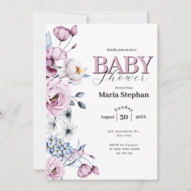 Elegant Watercolor blue pink Floral Baby Shower Invitation (Front)