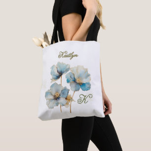 Elegant Watercolor Blue Poppies Monogram Name Tote Bag