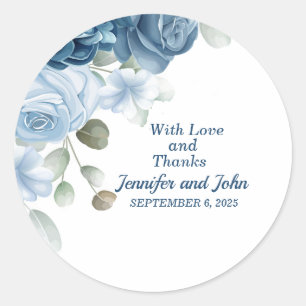 Elegant Watercolor Blue Roses Floral Wedding Classic Round Sticker