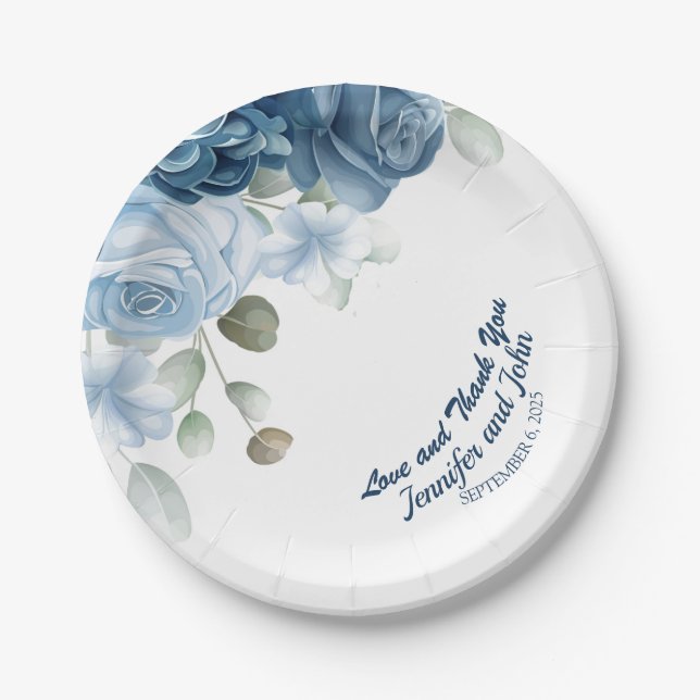 Elegant Watercolor Blue Roses Floral Wedding Paper Plate (Front)