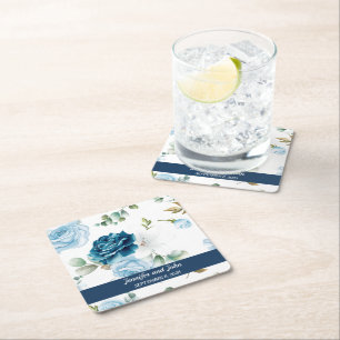 Elegant Watercolor Blue Roses Floral Wedding Square Paper Coaster