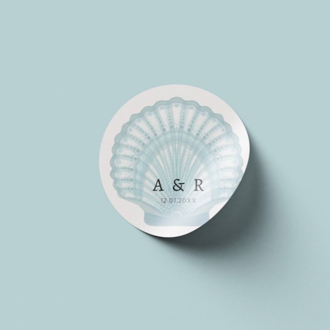 Elegant Watercolor Blue Shell Wedding Classic Round Sticker (Creator Uploaded)