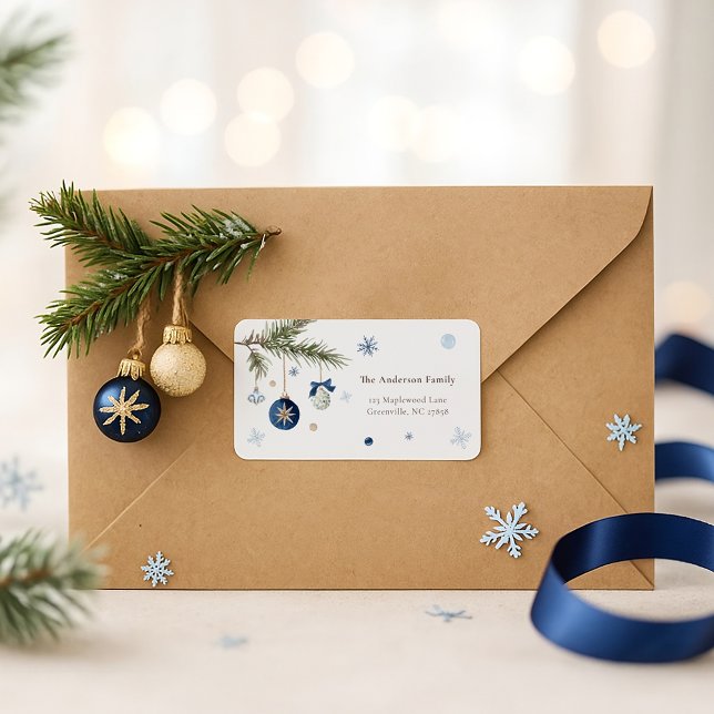 Elegant Watercolor Blue White Christmas Ornament Label (Creator Uploaded)