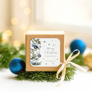 Elegant Watercolor Blue White Christmas Ornament Square Sticker